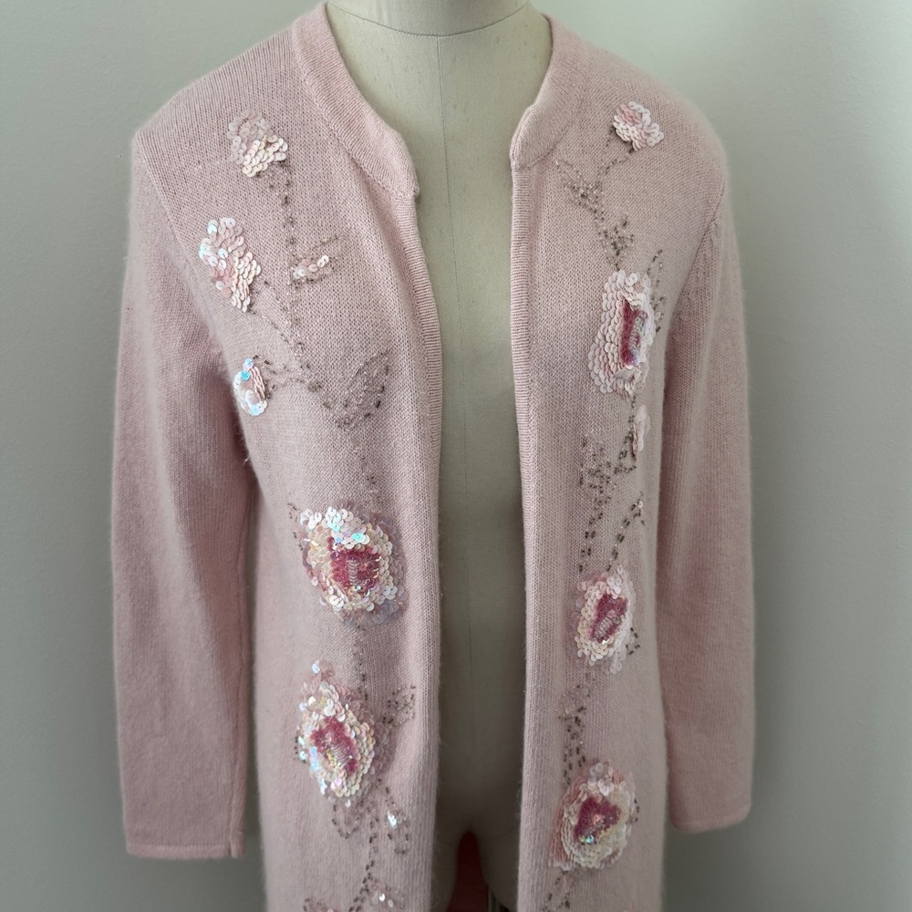 Vintage‎ Victor Costa Occasion Medium Pink Silk Angora Embellished Cardigan
